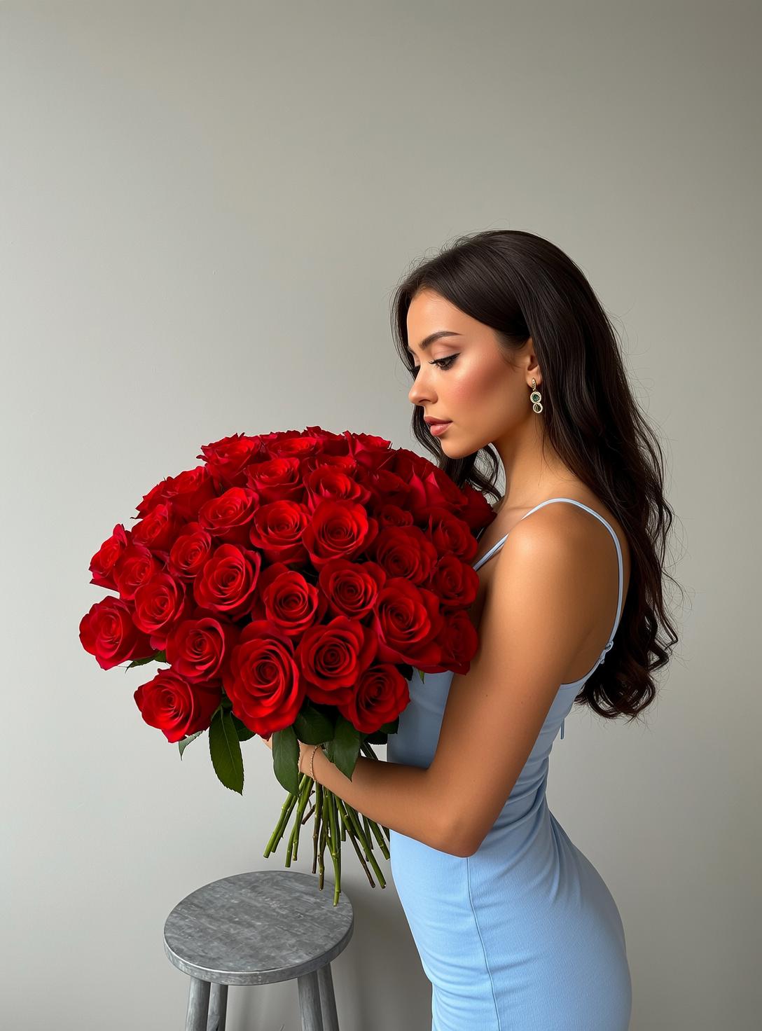 Holding Red Roses Elegant Studio