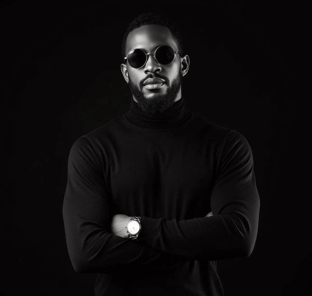 Sunglasses Earrings Bracelets And Wristwatch In Turtleneck Portrait