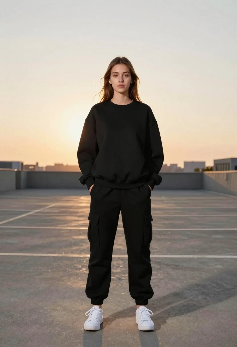 Full-length Studio-style Portrait Young Woman Standing Centered Open Concrete Surface reference photo