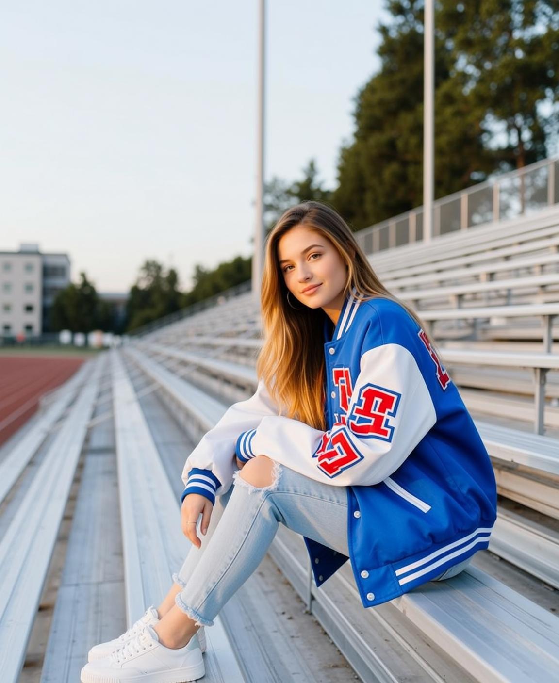Explore Young Sitting Bleachers Facing Slightly Her