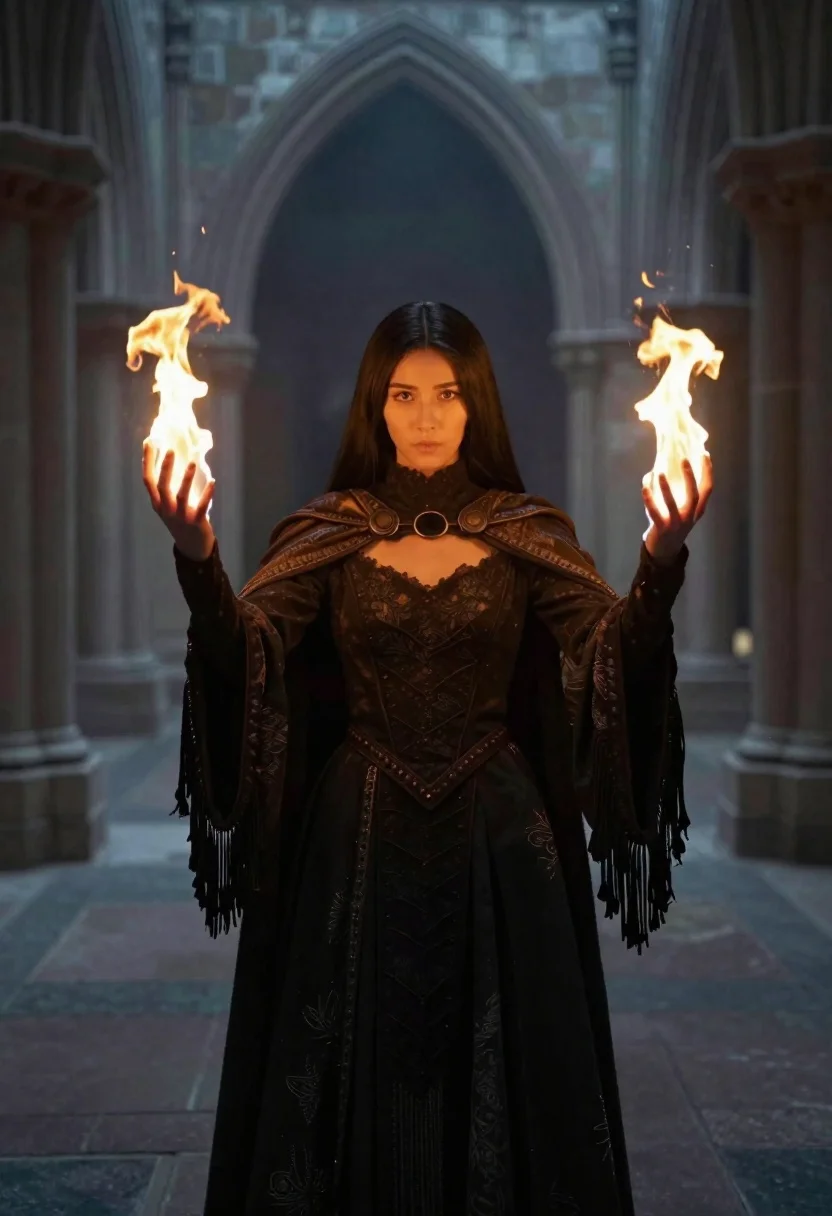 Cinematic Medium Shot Young Woman Dark Fantasy Attire Conjuring Flames reference photo
