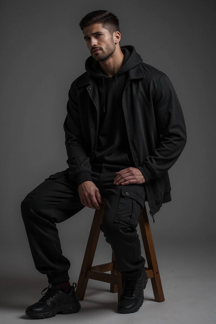 Fashionable man in oversized hoodie and windbreaker, seated confidently on a stool with moody lighting.