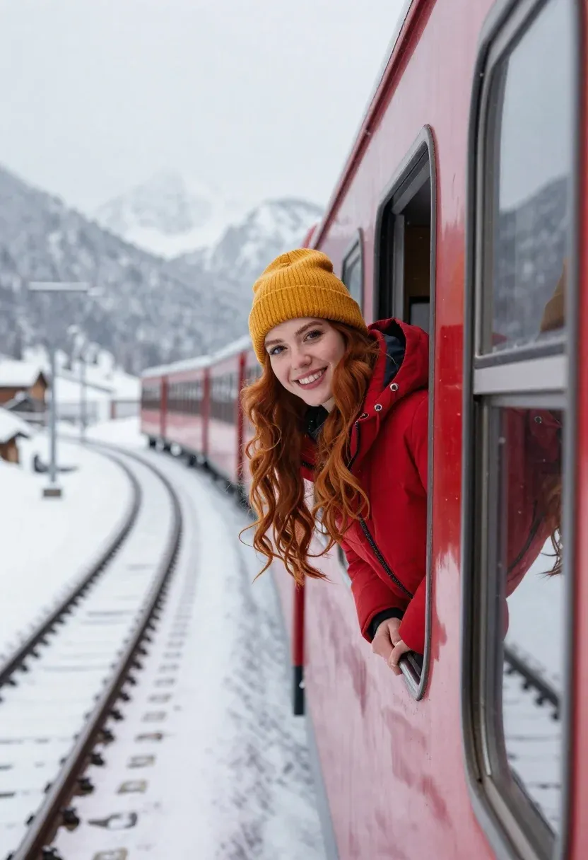 Young Woman With Long Wavy Red Hair Leans Out The
