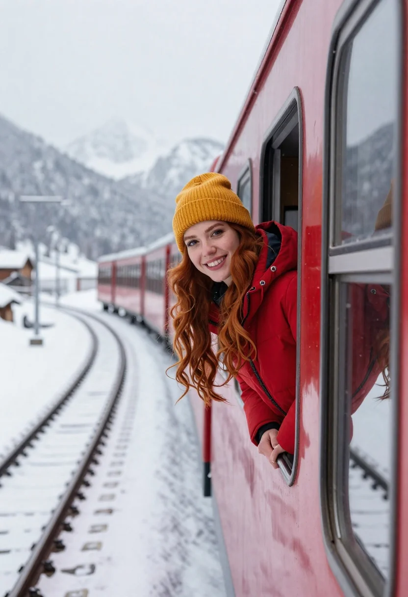 Young Woman With Long Wavy Red Hair Leans Out The