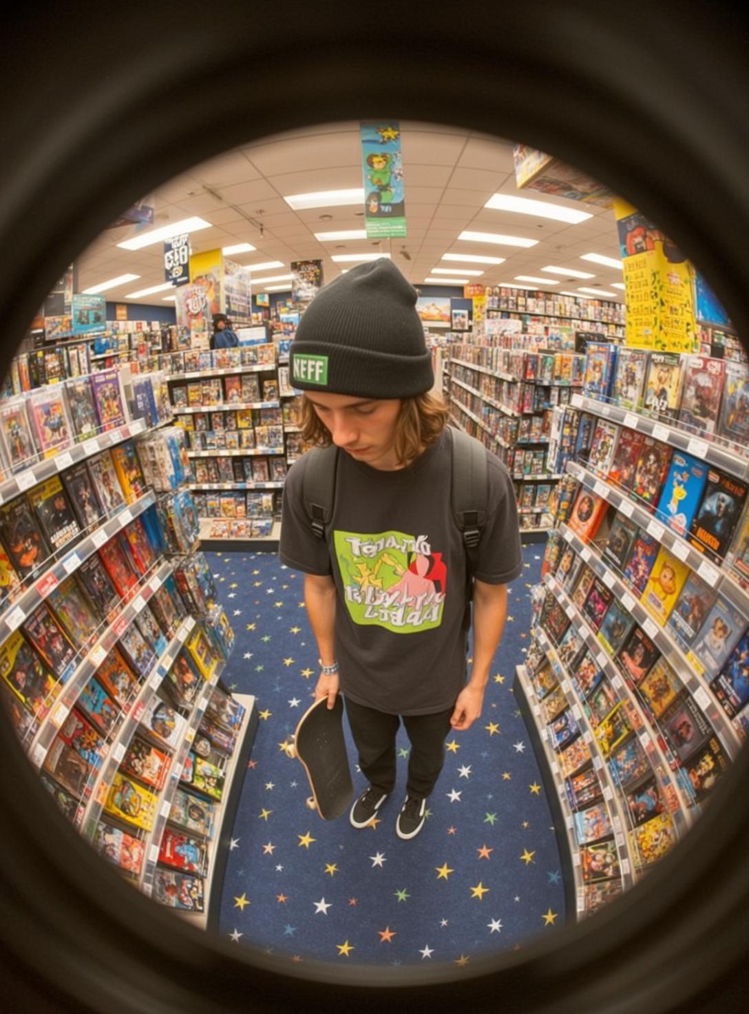 Skateboarder Video Store Fisheye