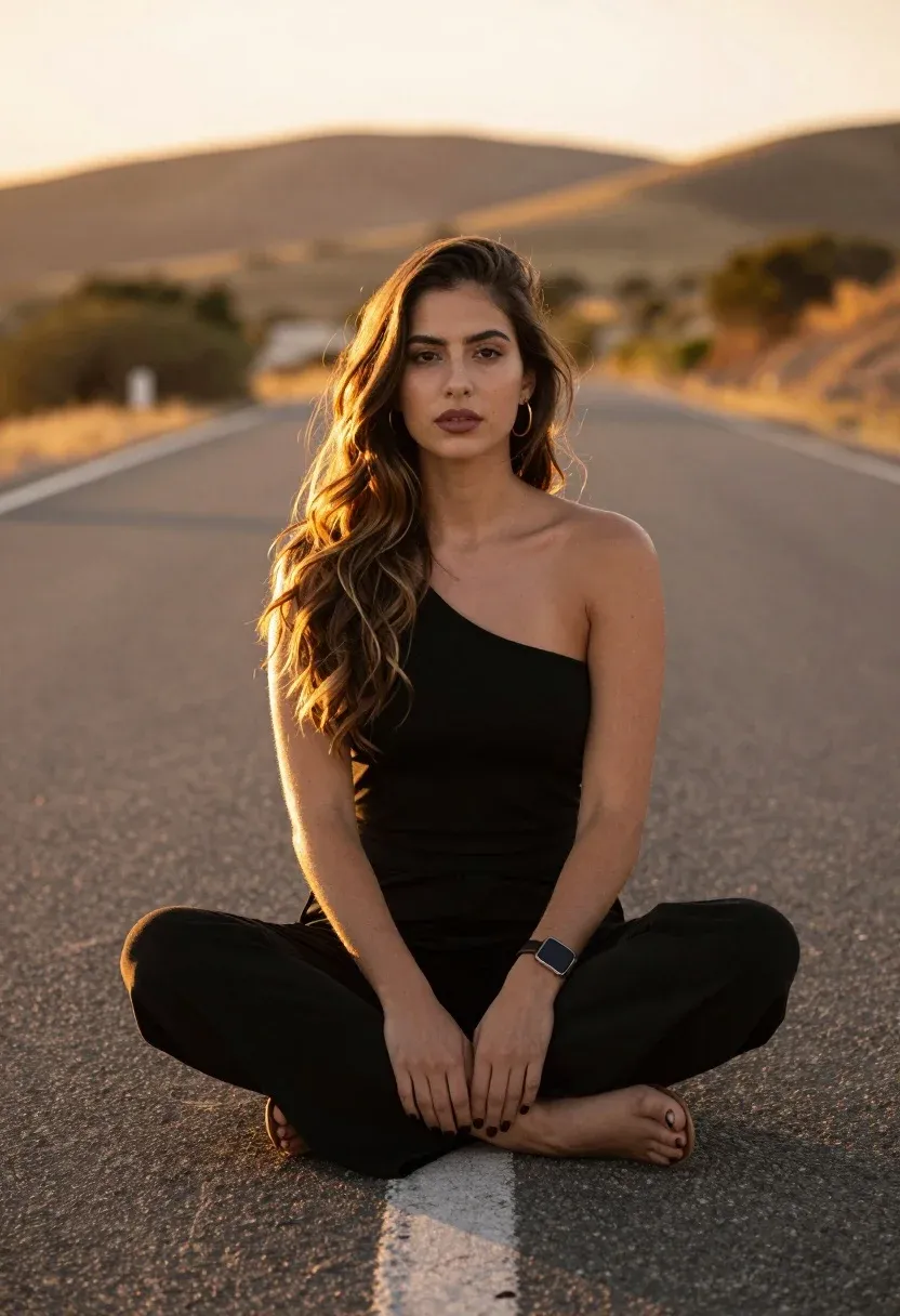 Woman Sits Cross-legged The Center Empty Paved Road With Rolling