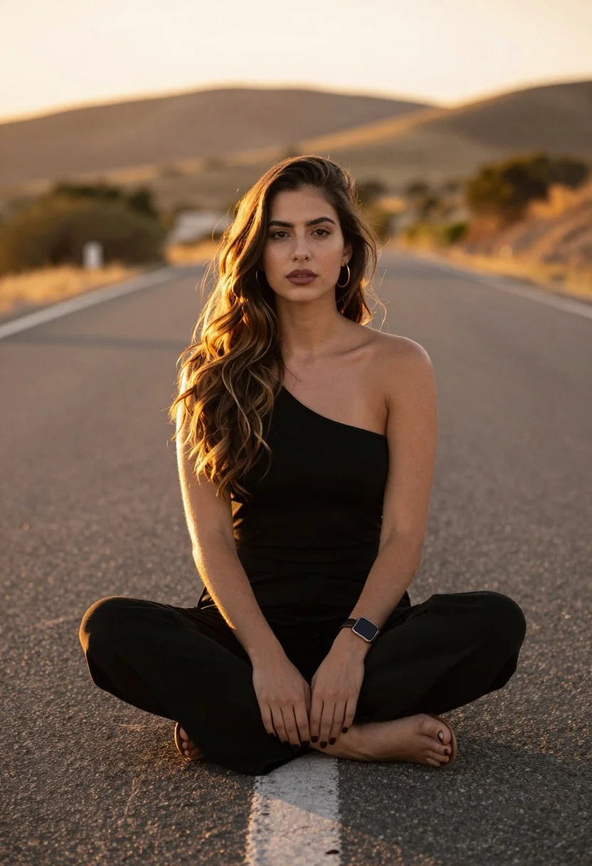 A woman sits cross-legged in the center of an empty paved road, with warm golden hour sunlight enhancing her features.