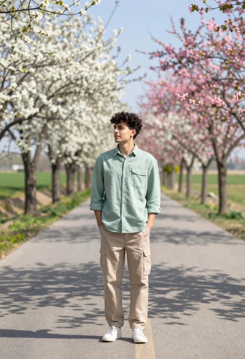 Young Man Stands The Center Paved Path Lined With Blooming