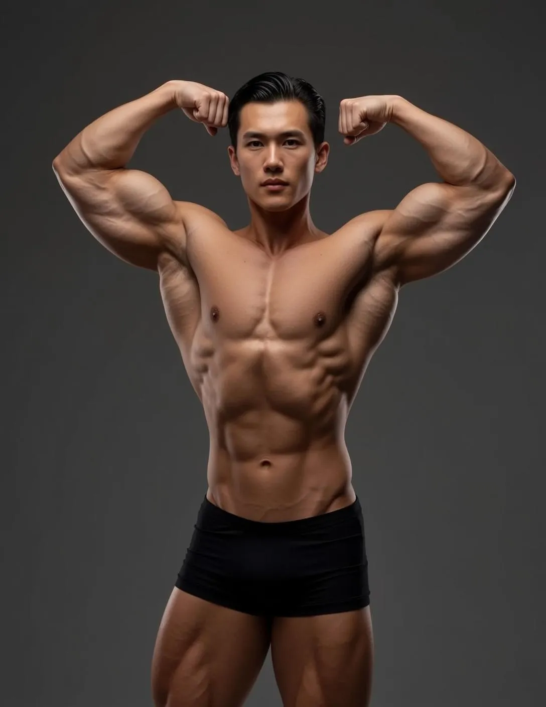 Muscular East Asian Short Dark Slicked Back