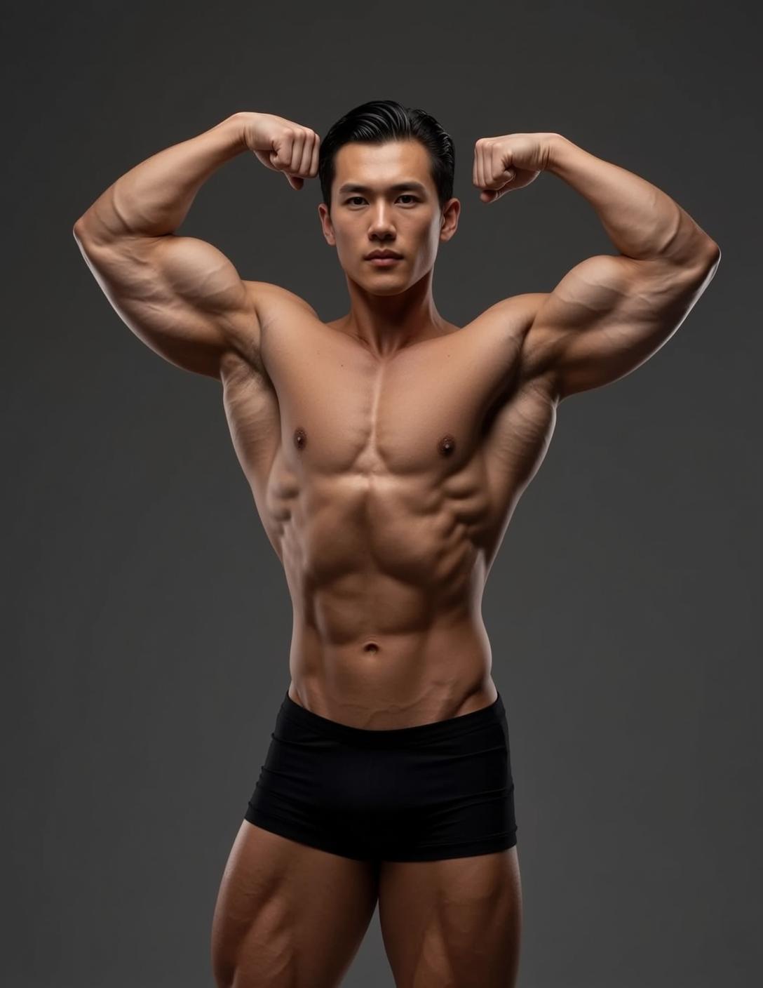 Muscular East Asian Short Dark Slicked Back