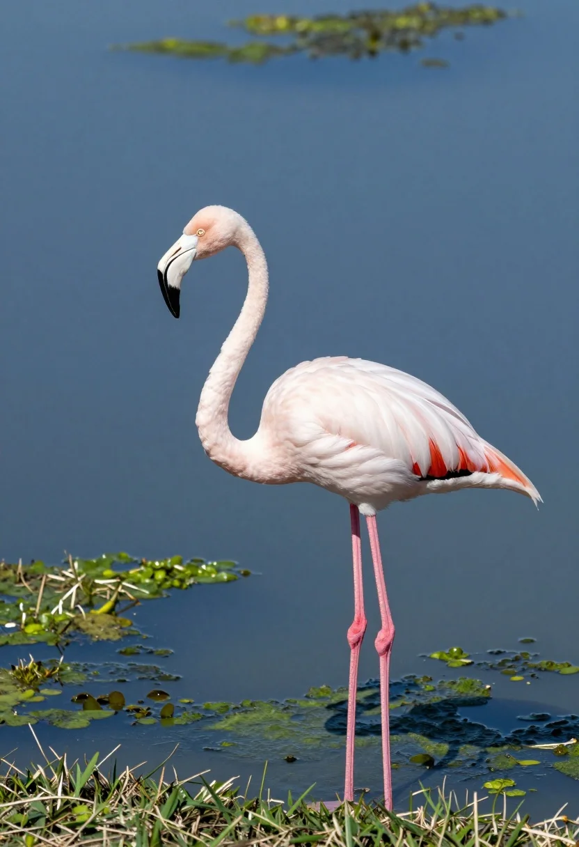 White Flamingo With Pink Legs Stands Shallow Water Near Grassy