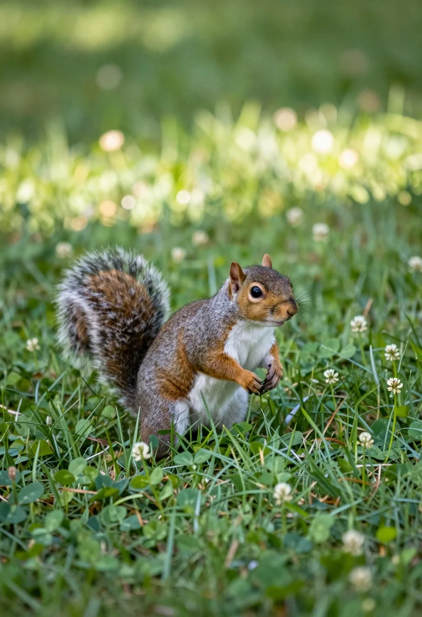 Small Grey Squirrel Stands Alert Lush Green Lawn Subject Grey