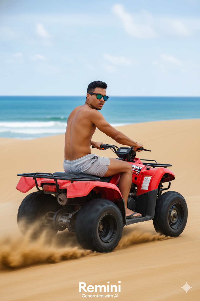 A man riding a red quad bike over golden dunes with the blue sea in the background, capturing a moment of spontaneity and adventure.