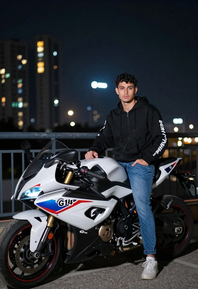 A confident young man with dark curly hair standing beside a white BMW G 310 RR motorcycle on a balcony at night, city lights blurred in the background.