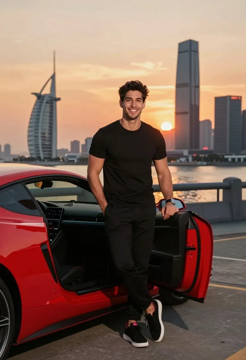 Young Man Stands Smiling Confidently Next Bright Red Sports Car