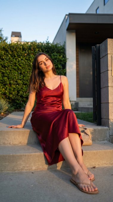 Person seated on a concrete step with feet forward, head tilted up, hands behind hips.