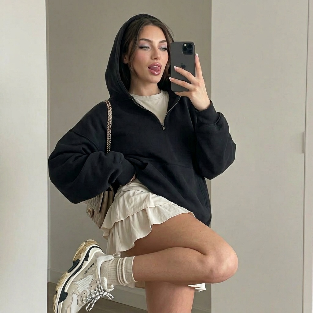 Playful Mirror Selfie Pose With Pastel Eyeshadow