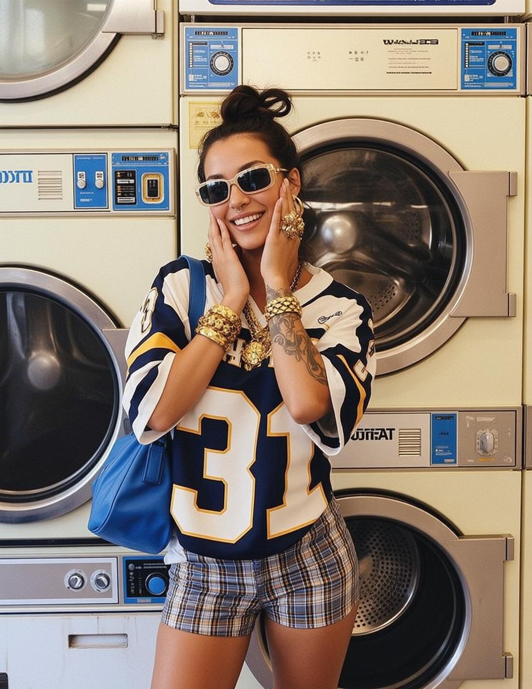Woman Joyful Smile Athletic Jersey Plaid Shorts Gold