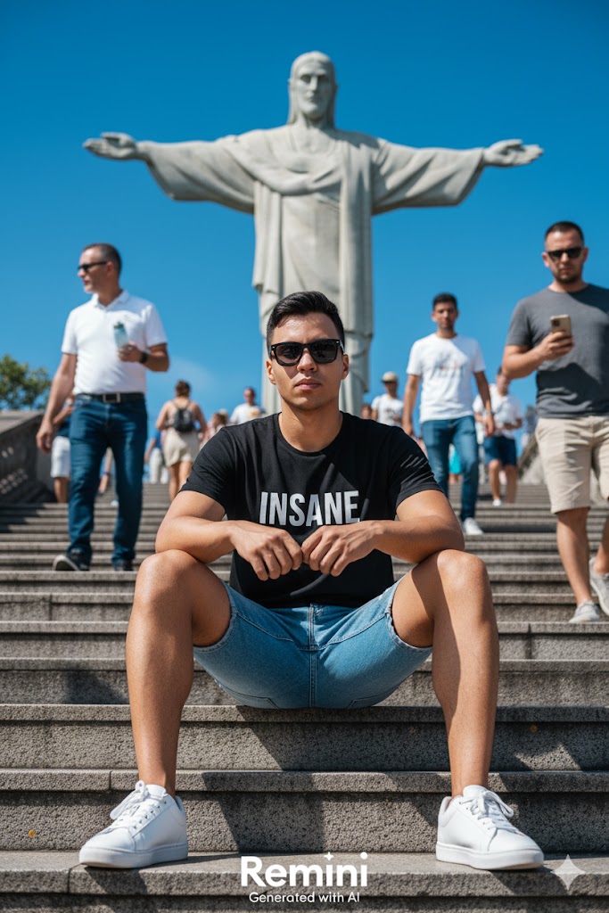 A male model with a black 'INSANE' shirt, sitting on steps of Christ the Redeemer, framed by vibrant city life.