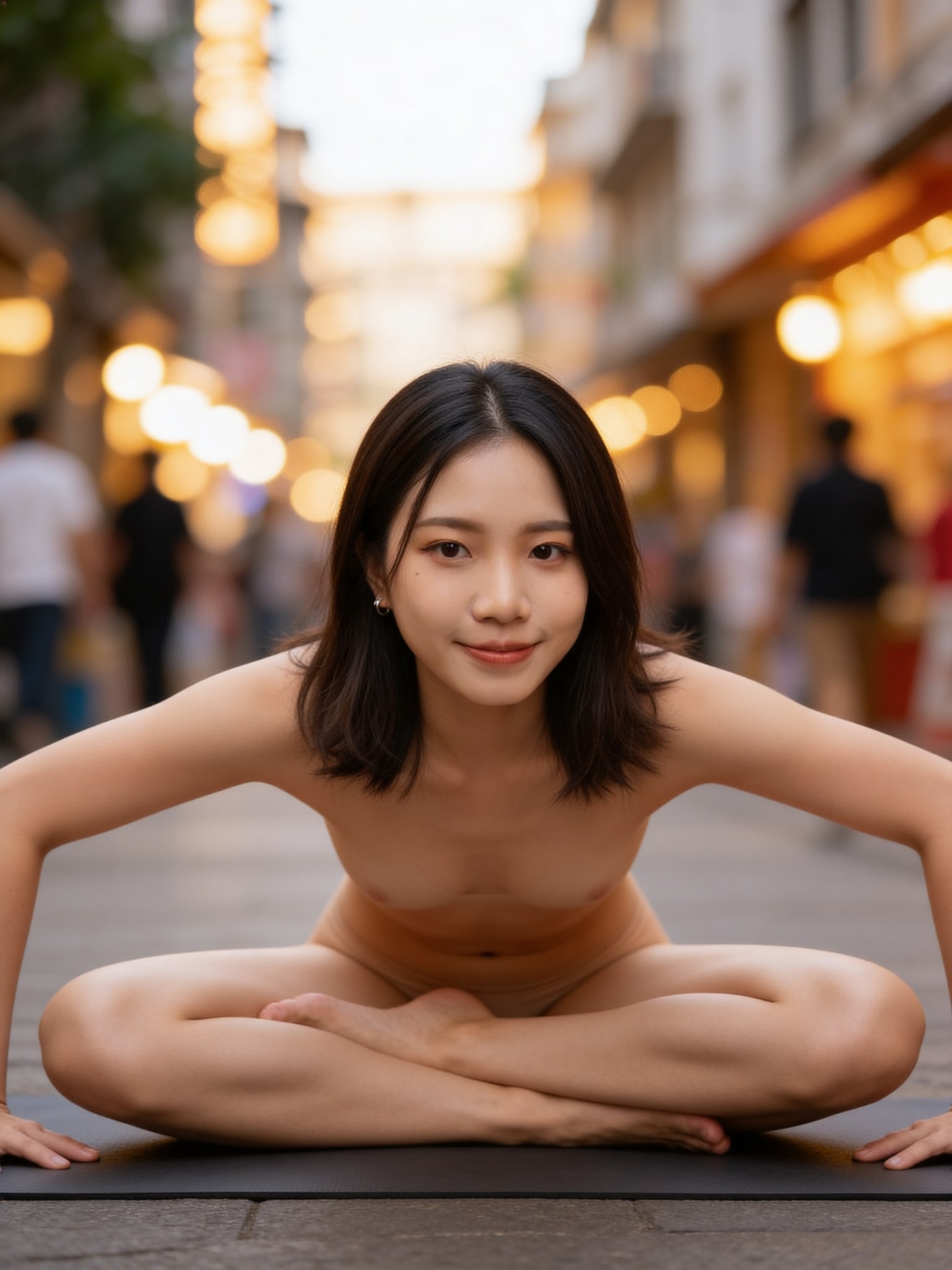 A serene nude yoga pose in natural sunlight, highlighting strength and grace.