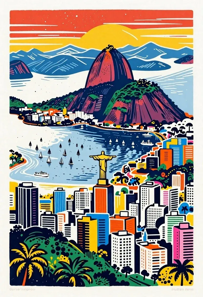 Screen Print Poster The Rio Janeiro Cityscape Vibrant Vintage Travel
