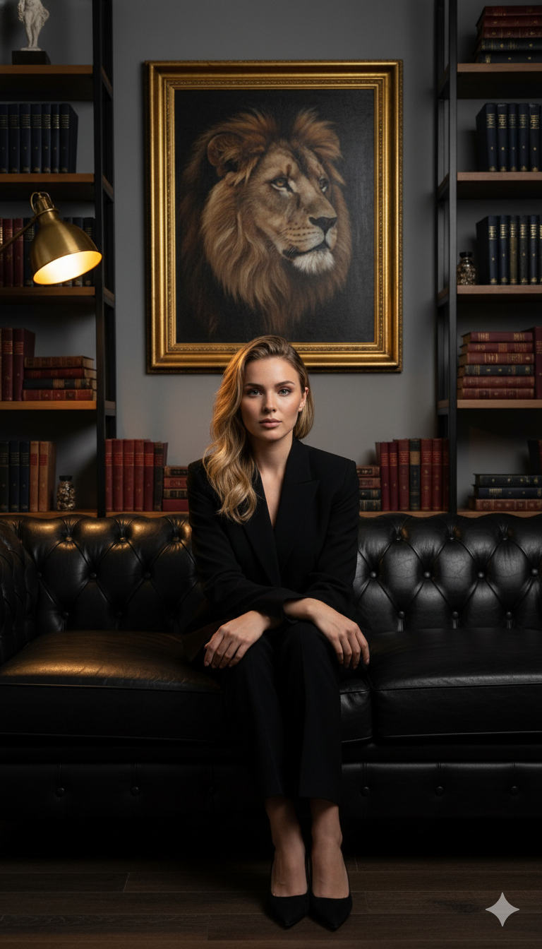 A powerful woman in a black suit seated dominantly on a Chesterfield sofa, elegantly framed by a golden lion painting and warm lighting.