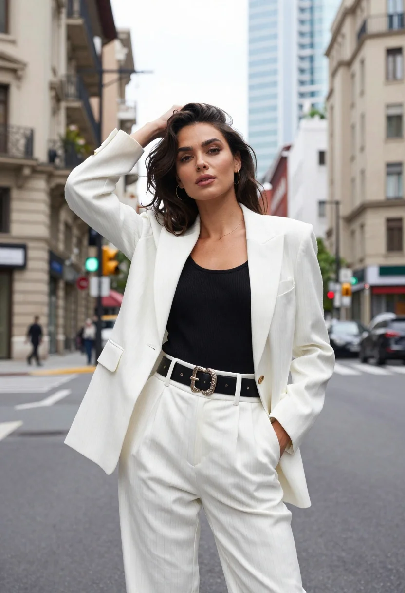 Stylish Woman Stands Confidently City Street Wearing Chic White Pinstripe reference photo