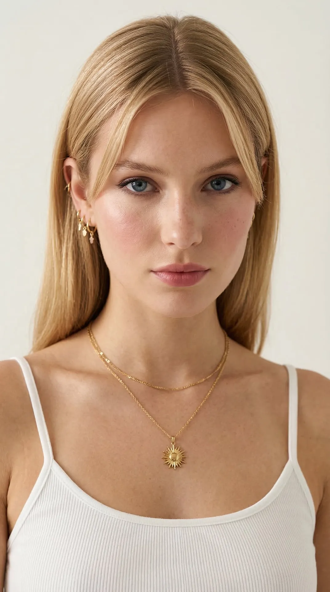 Earrings And Necklace With White Ribbed Tank Top