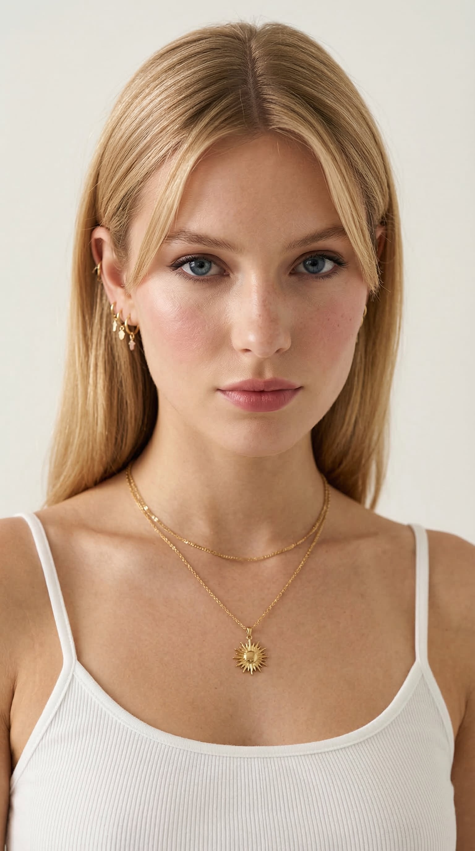 White Tank Top Gold Necklaces Sun Pendant