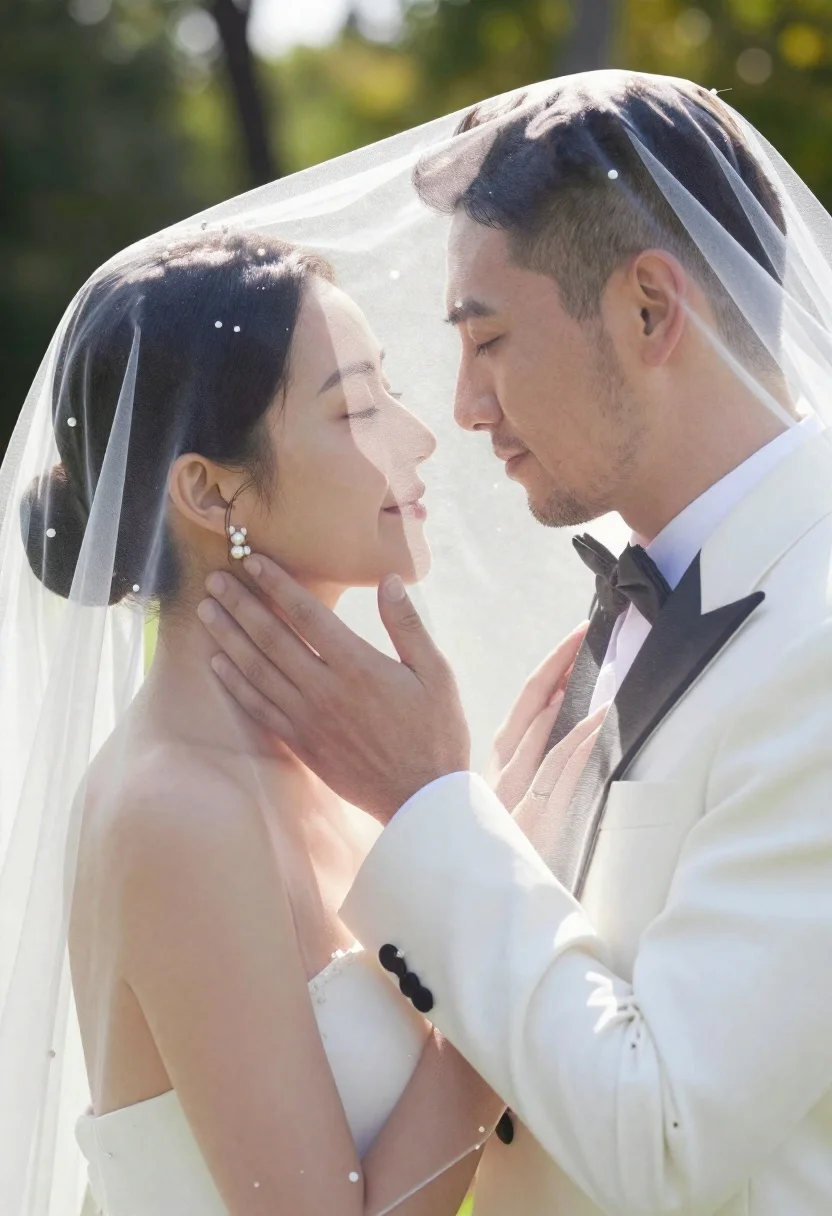 A romantic close-up of a bride and groom with their foreheads touching under a translucent wedding veil adorned with pearls.