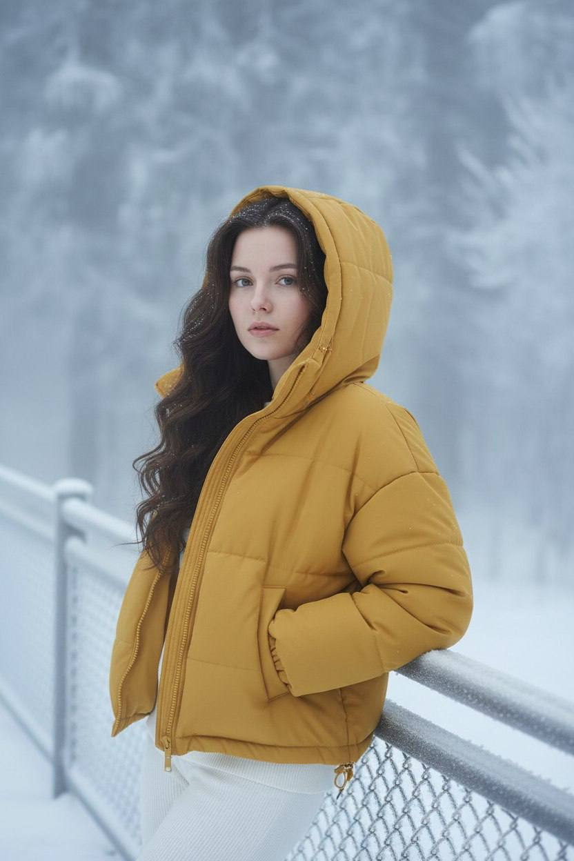 A girl in a lemon-colored oversized puffer jacket stands against frosty railings, surrounded by snowy trees and fog.