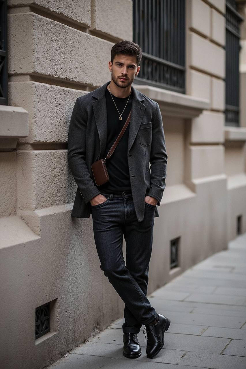 Ultra-realistic street-style portrait of a man against a stone wall, wearing a dark blazer and jeans, set in a European city.