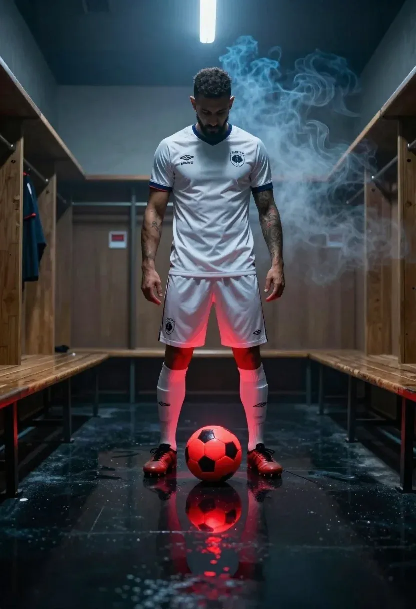 Full-body Shot Serious Football Player Standing Dimly Lit Locker Room