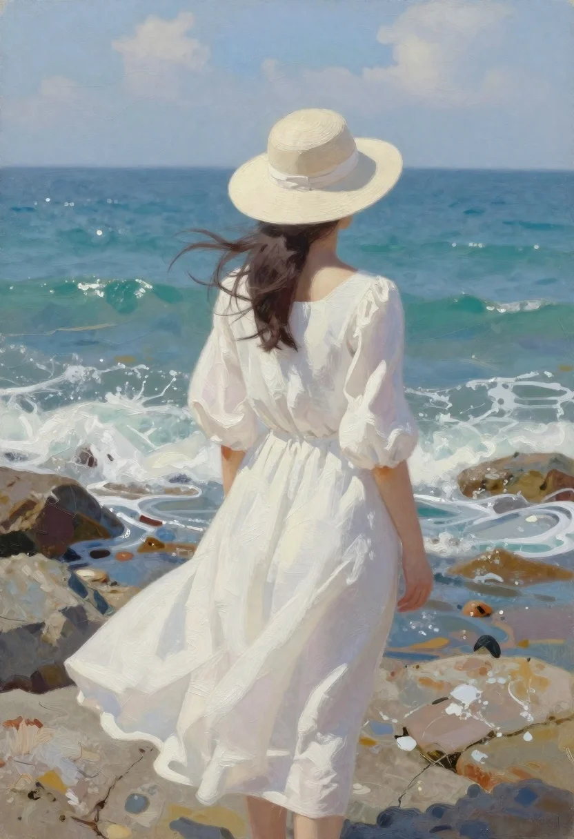 Oil Painting Woman From Behind Standing Rocky Shoreline Gazing The reference photo