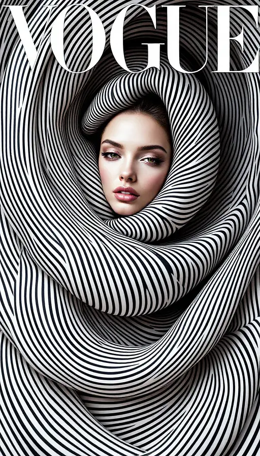A mesmerizing woman wrapped in swirling stripes on a Vogue magazine cover, embodying surreal glamour.