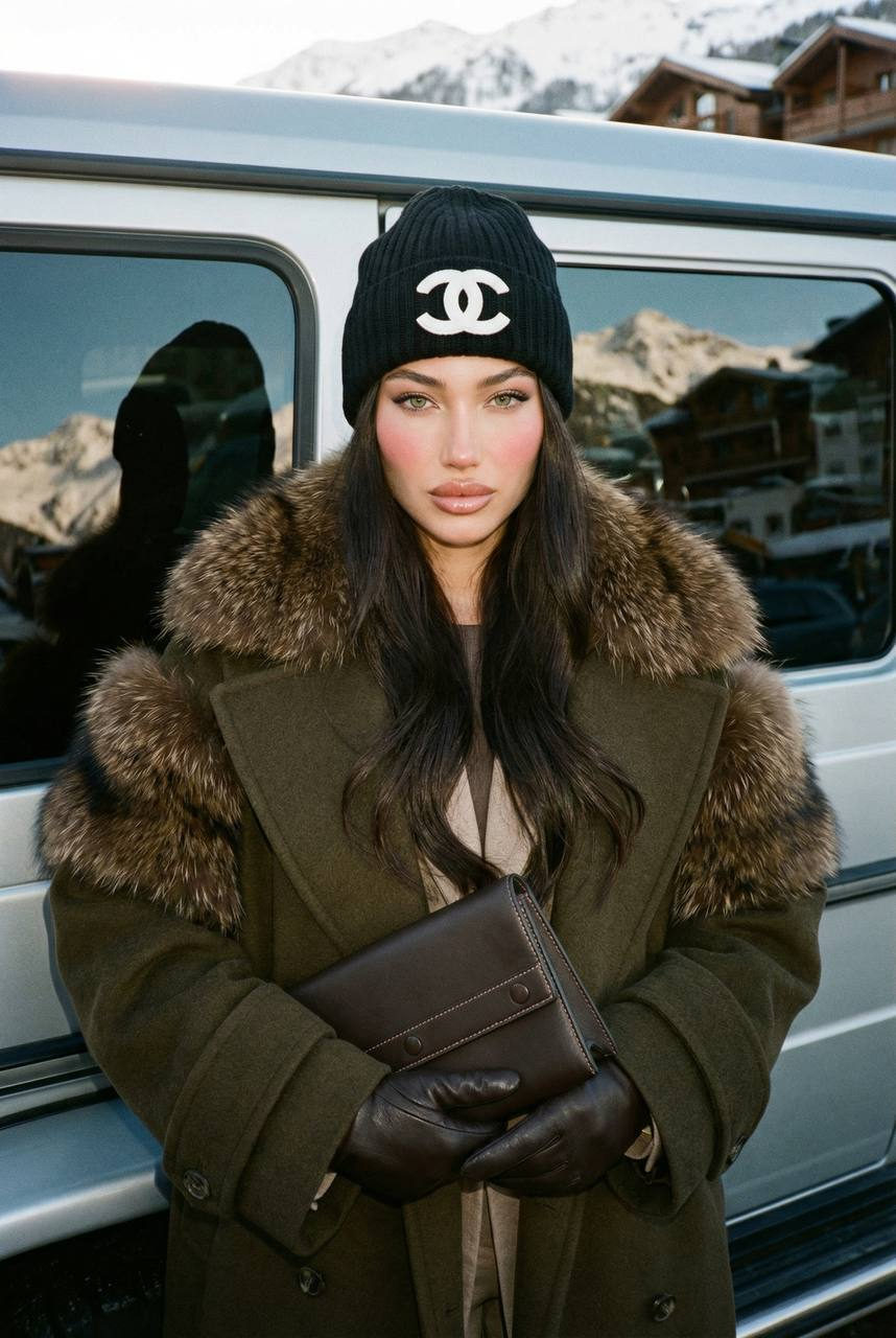 A model in a deep olive wool coat at a snowy mountain resort, with chic leather accessories and a stylish black beanie.