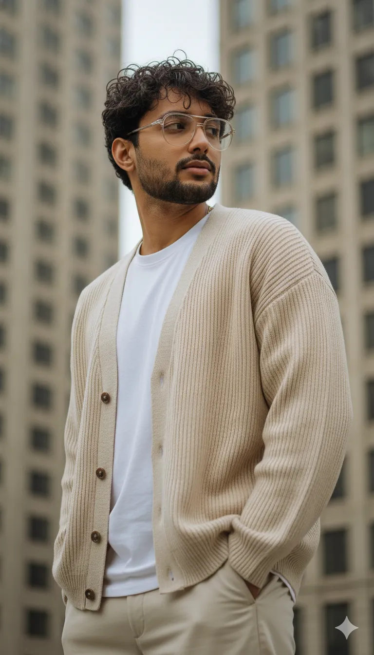Ultra-realistic fashion editorial portrait in a soft overcast city environment, featuring detailed facial accuracy and natural beard texture.