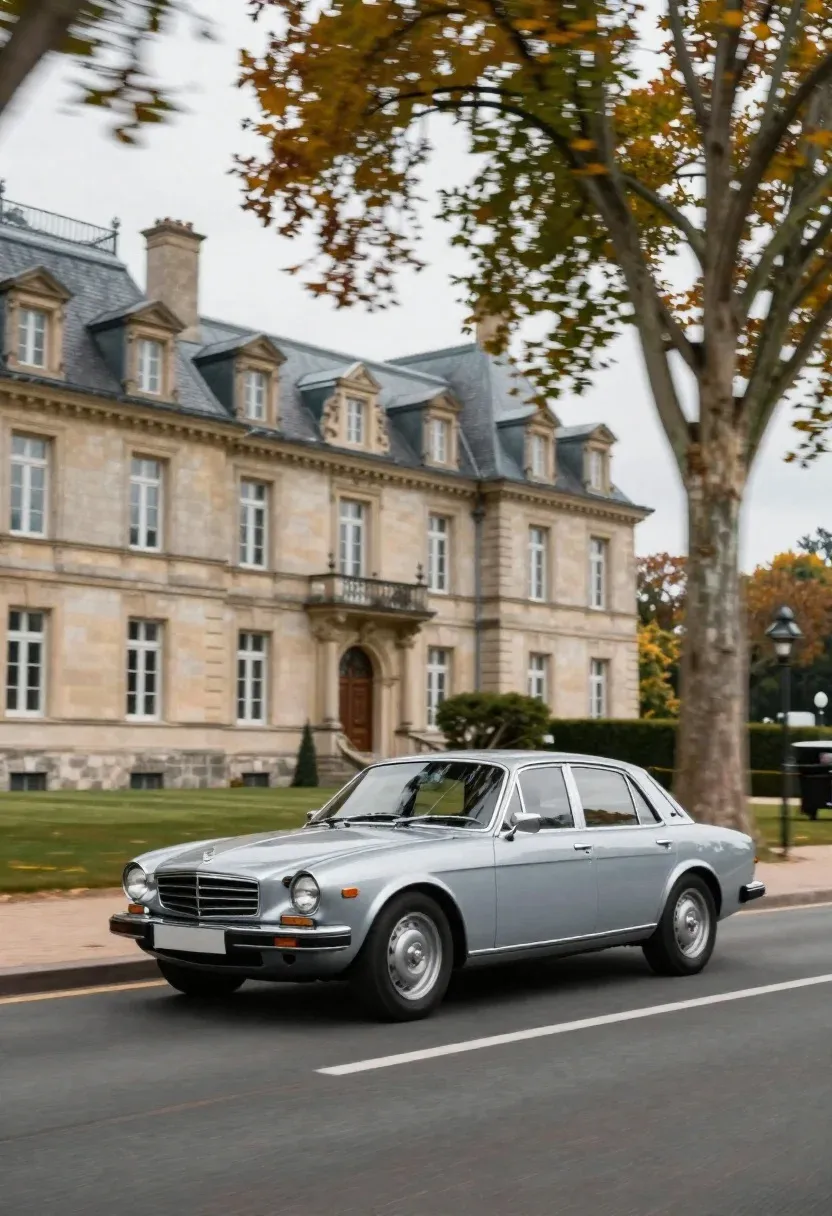 Subject Sleek Vintage Sedan Cruising Down Quiet Road Environment Grand