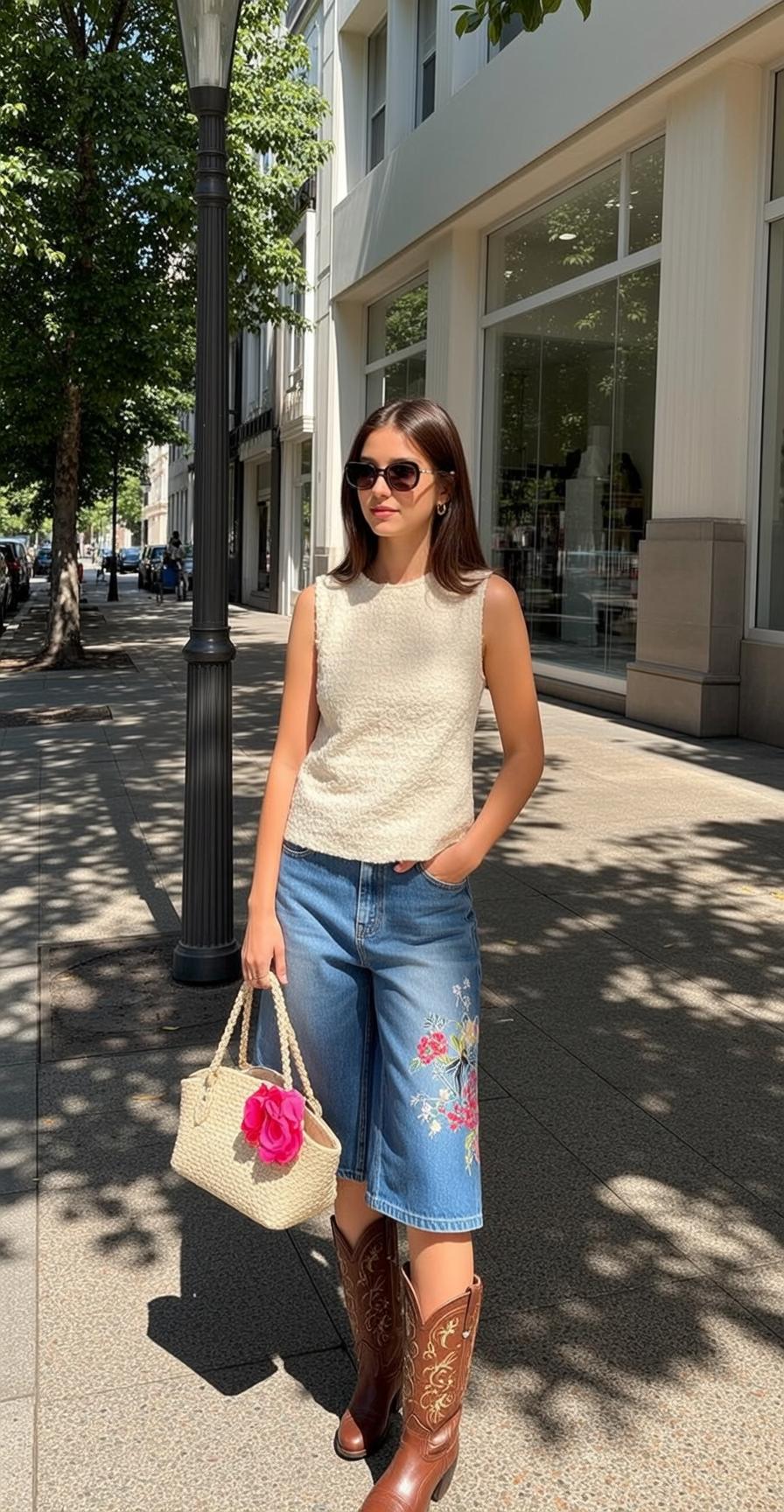 Cowgirl Stands Sidewalk Facing Slightly Her Left