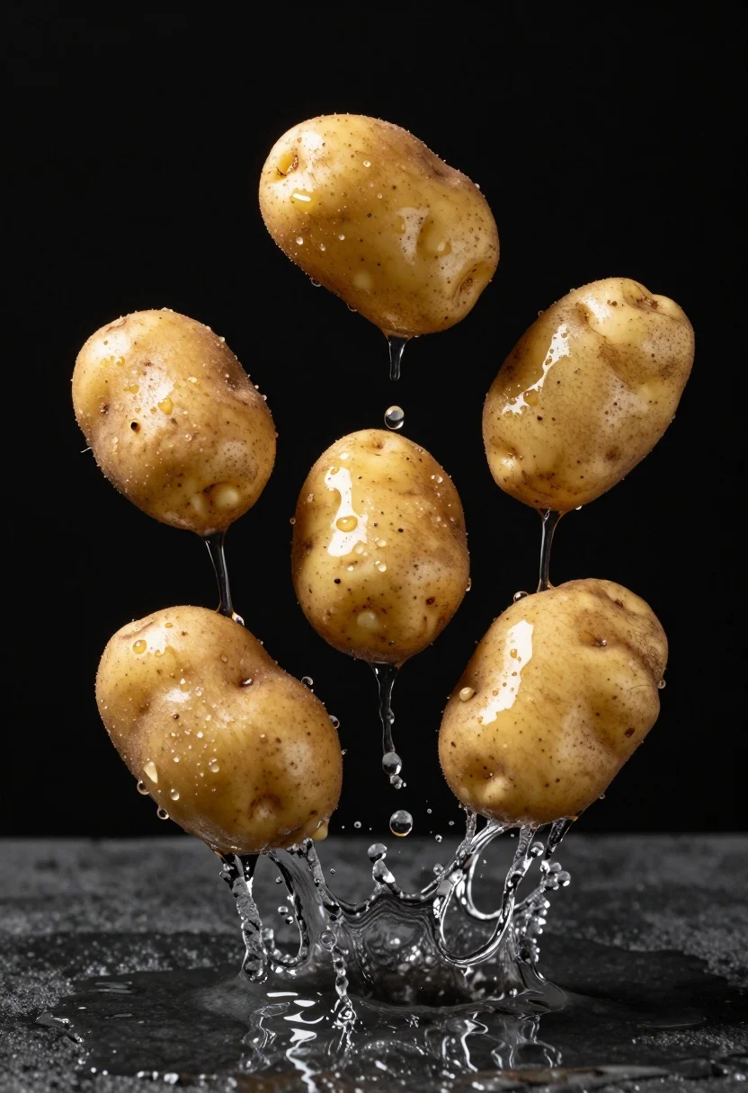 Four Whole Potatoes Suspended Midair Above Dark Surface With Dramatic