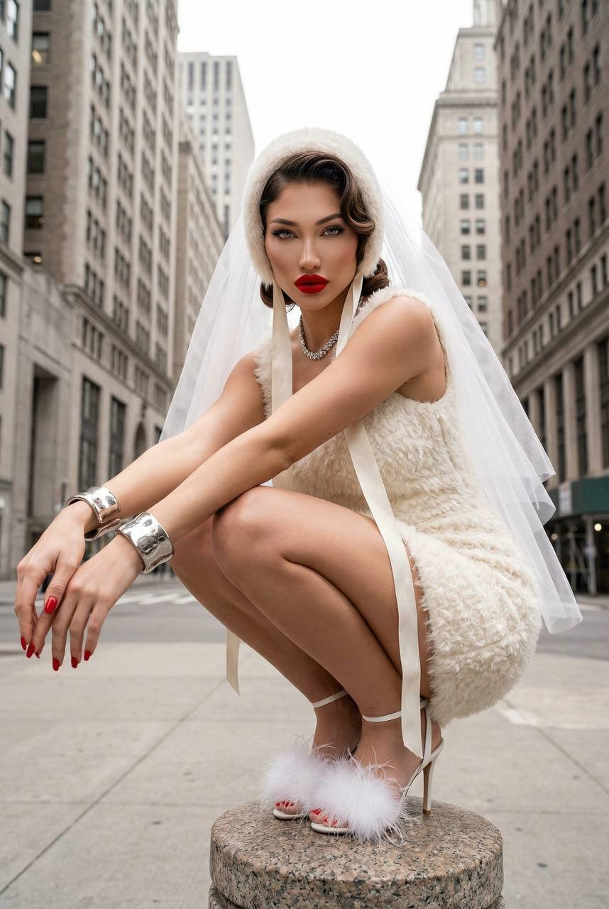 A woman in an ivory mini dress and bridal veil squatting against a city street backdrop, exuding confidence and style.