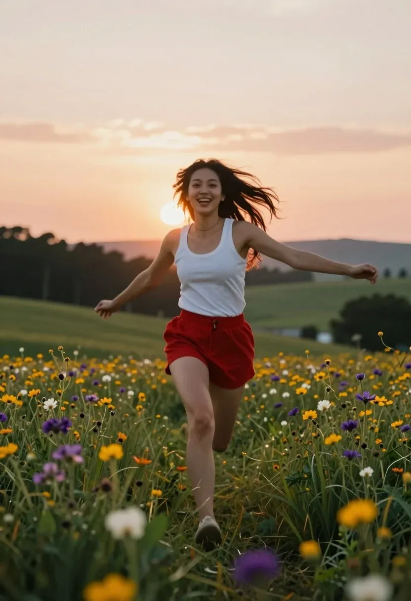 Joyful Woman Running Toward The Camera Through Wildflower Meadow Sunset