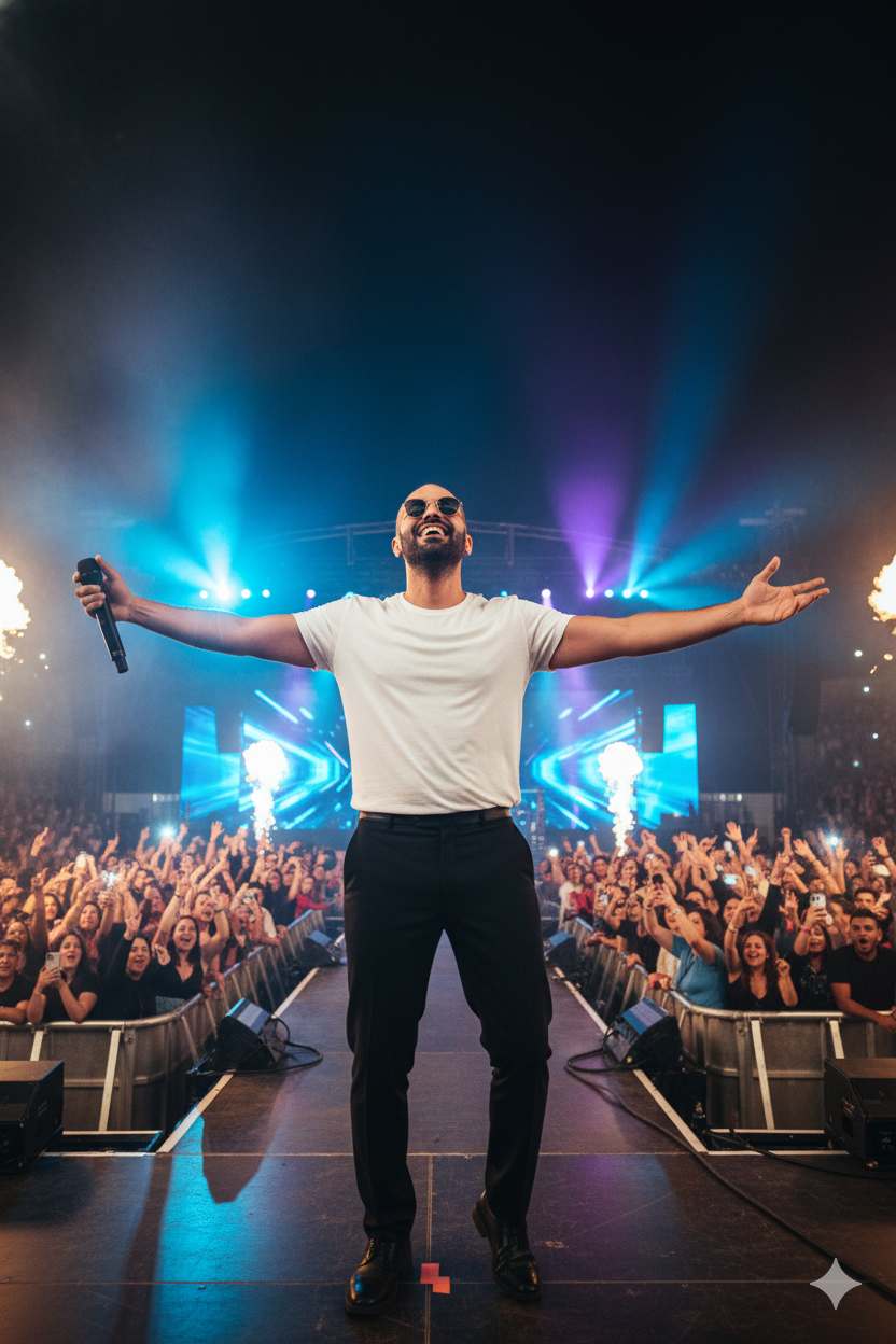 A lively concert scene with a singer in a white t-shirt and black pants, performing passionately on stage, surrounded by enthusiastic fans.