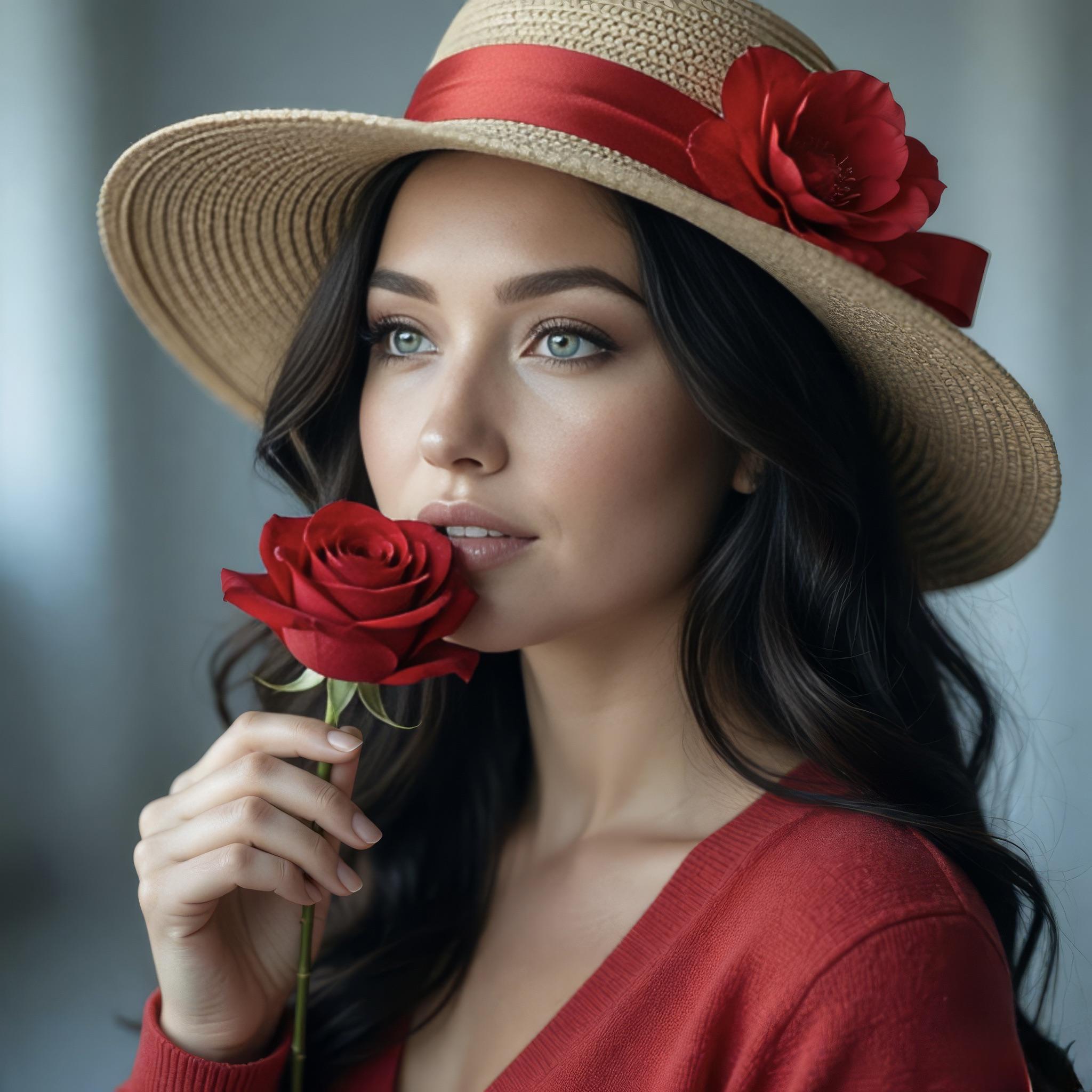 Red Rose And Straw Hat Portrait Soft Lighting