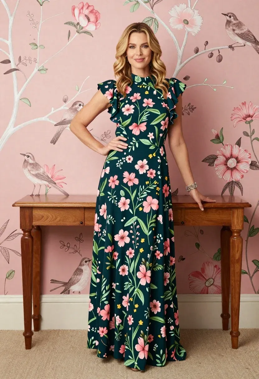 Confident Woman Stands Full-length Pose Wearing Elegant Dark Green Floral