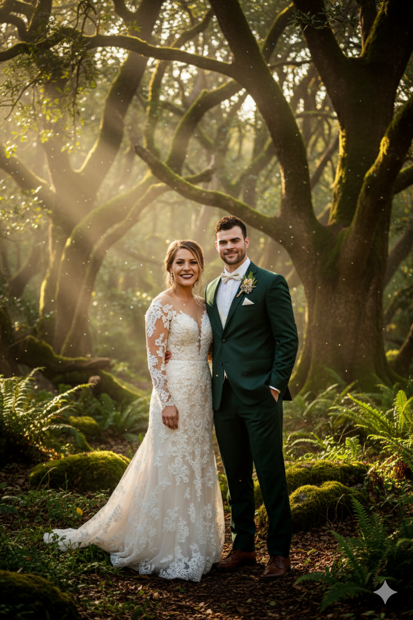 A realistic portrait of a couple in a mystical forest, bathed in golden hour glow, featuring ancient trees and soft lighting effects.