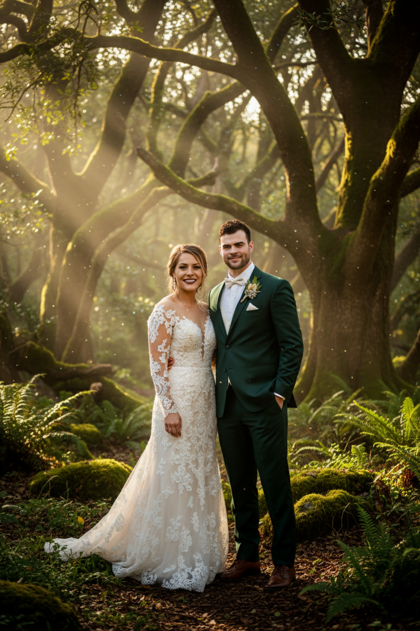 A realistic portrait of a couple in a mystical forest, bathed in golden hour glow, featuring ancient trees and soft lighting effects.