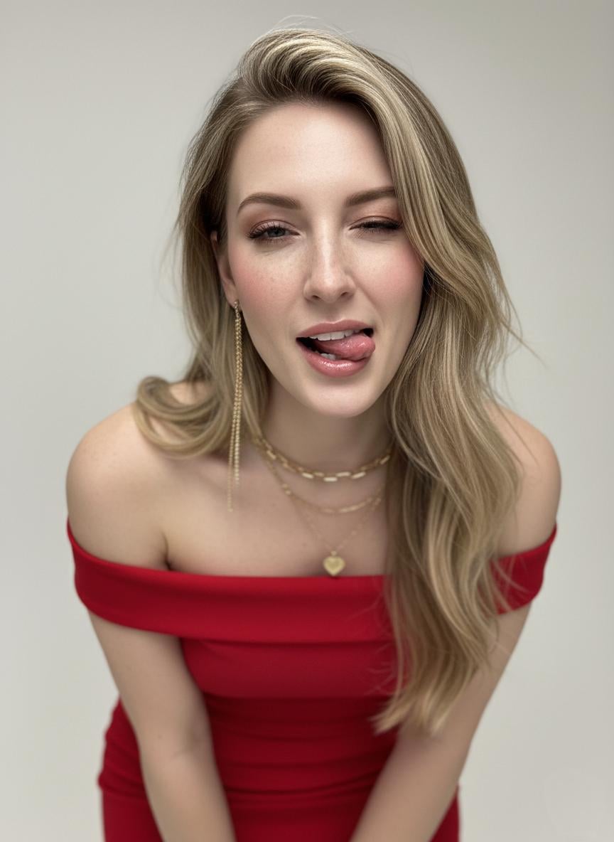 Red Dress Playful Studio Portrait Gold Jewelry