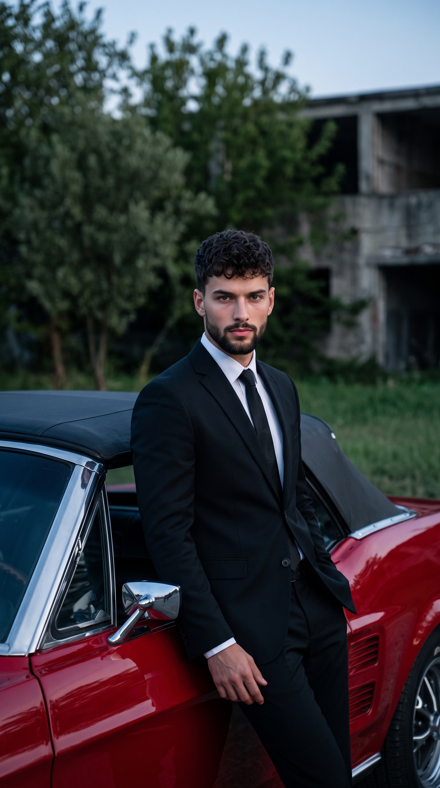 Black Suit Leaning On Red Muscle Car