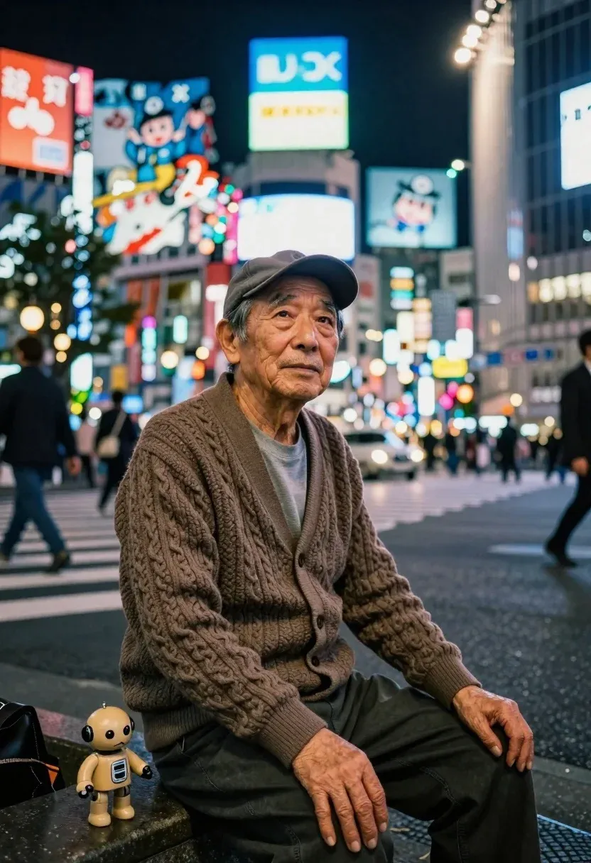 Realistic Photo Elderly Man Sitting Low Concrete Curb The Middle